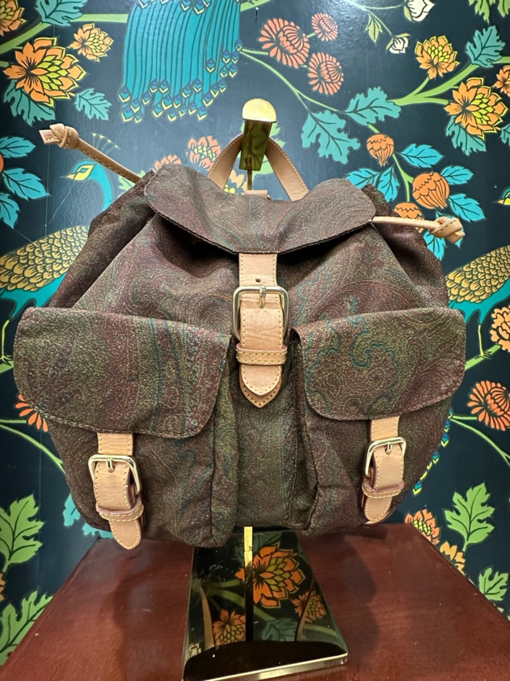 Etro Milano Vintage Paisley Backpack Leather Trim Boho Luxury Italy - Picture 3 of 13